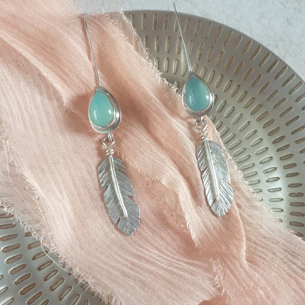 Blue Chalcedony Feather Drop Earrings - Handmade Silver Feather Dangle Earrings 