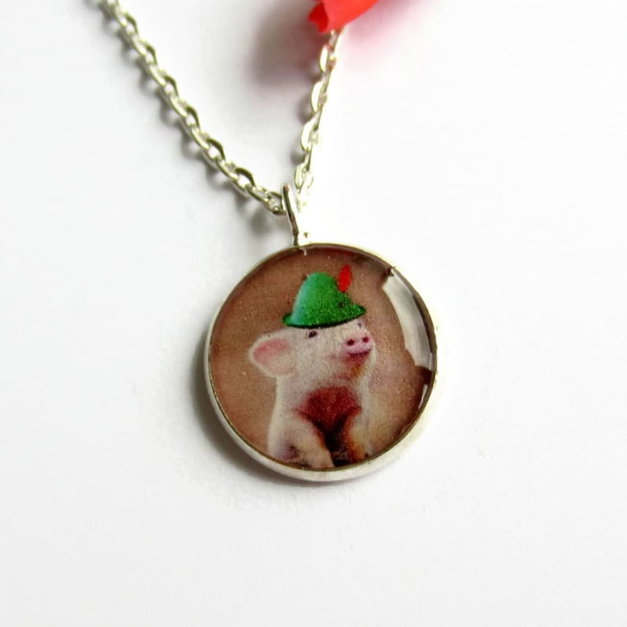 Cute Pig Necklace, Quirky Pig in Hat Picture Pendant, Fun Jewellery Gift, 18mm