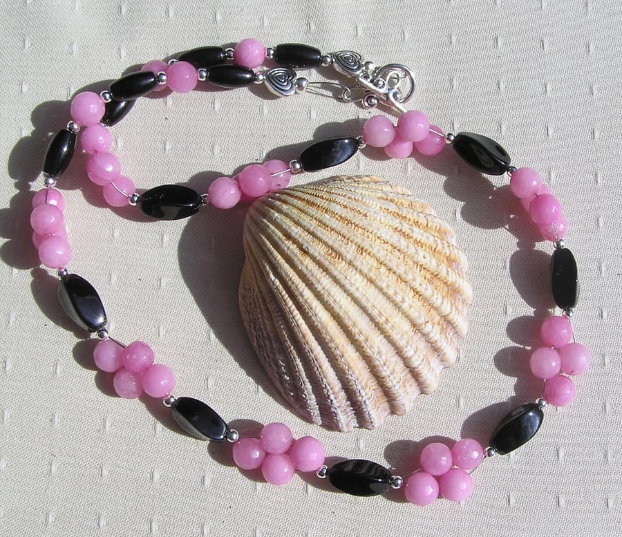 Black Onyx & Pink Morganite Gemstone Statement Beaded Necklace "Pink Crush"
