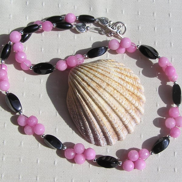 Black Onyx & Pink Morganite Gemstone Statement Beaded Necklace "Pink Crush"