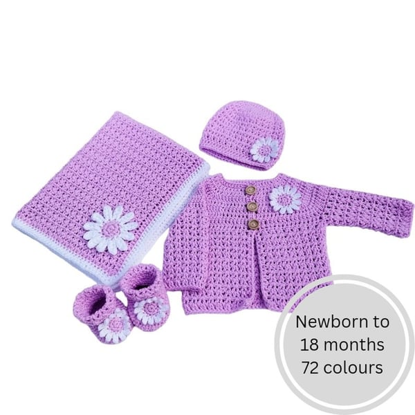 Crochet baby cardigan, hat, booties and blanket set withe matching daisy design 