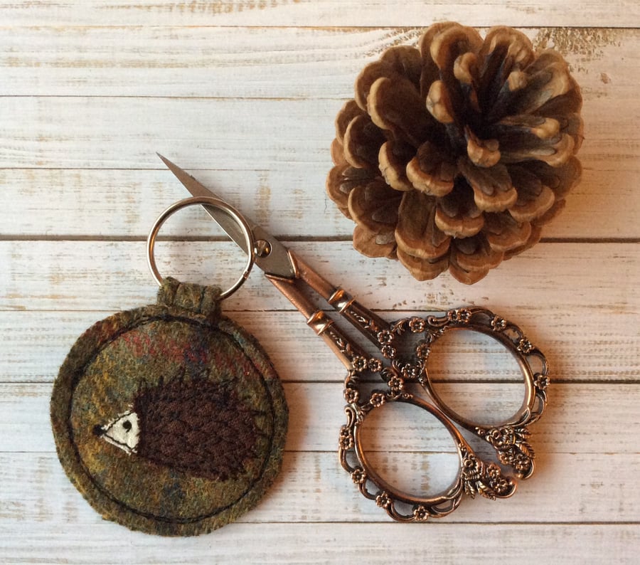 Up-cycled embroidered hedgehog key ring or bag charm. 