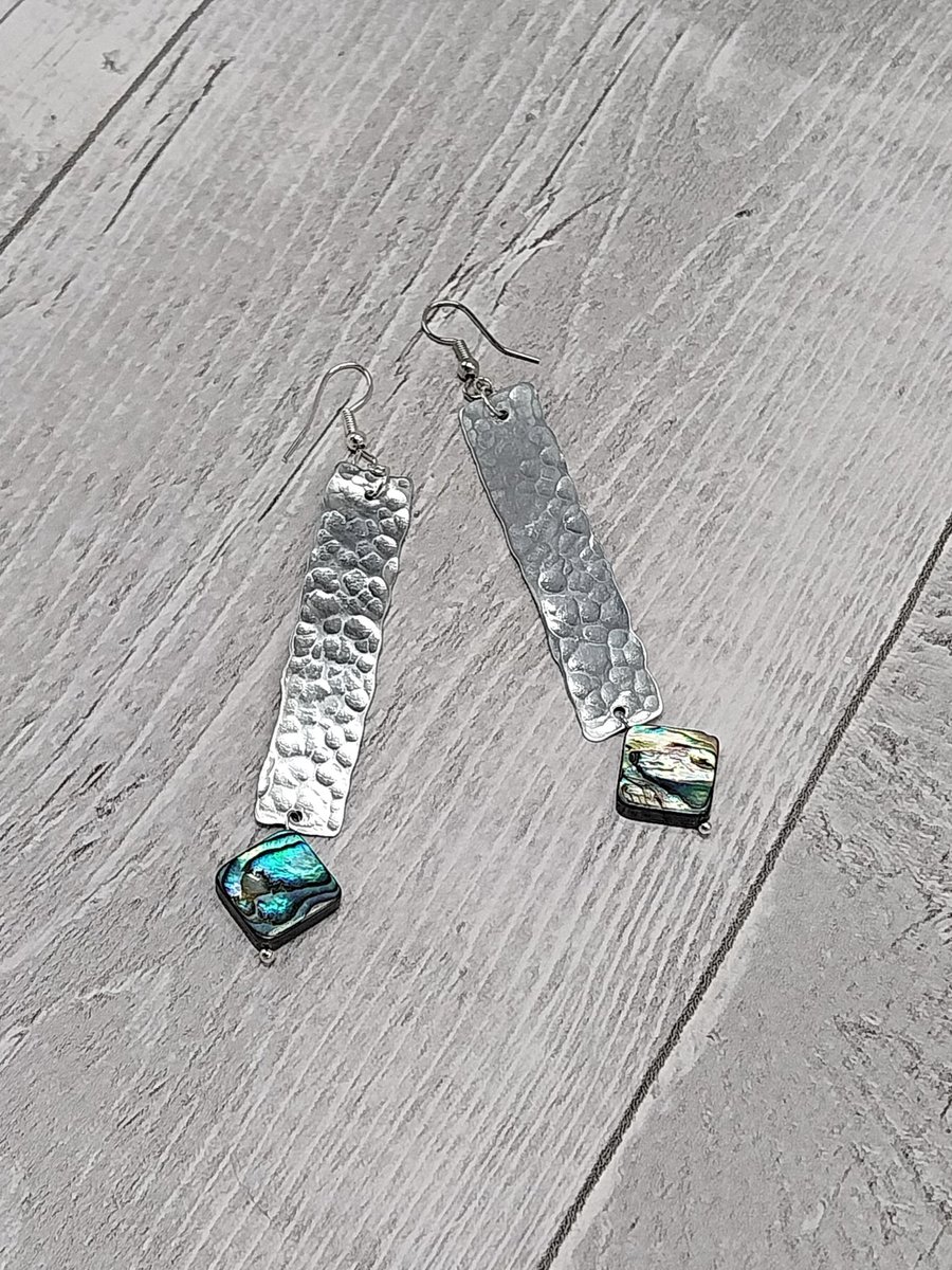 Aluminium Flat Rectangle Dangle Earrings with Diamond Abalone Shell Beads