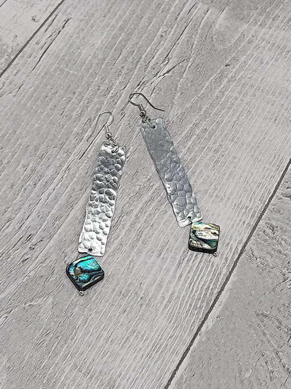 Aluminium Flat Rectangle Dangle Earrings with Diamond Abalone Shell Beads