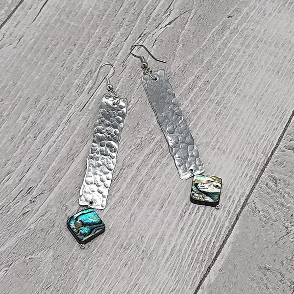 Aluminium Flat Rectangle Dangle Earrings with Diamond Abalone Shell Beads