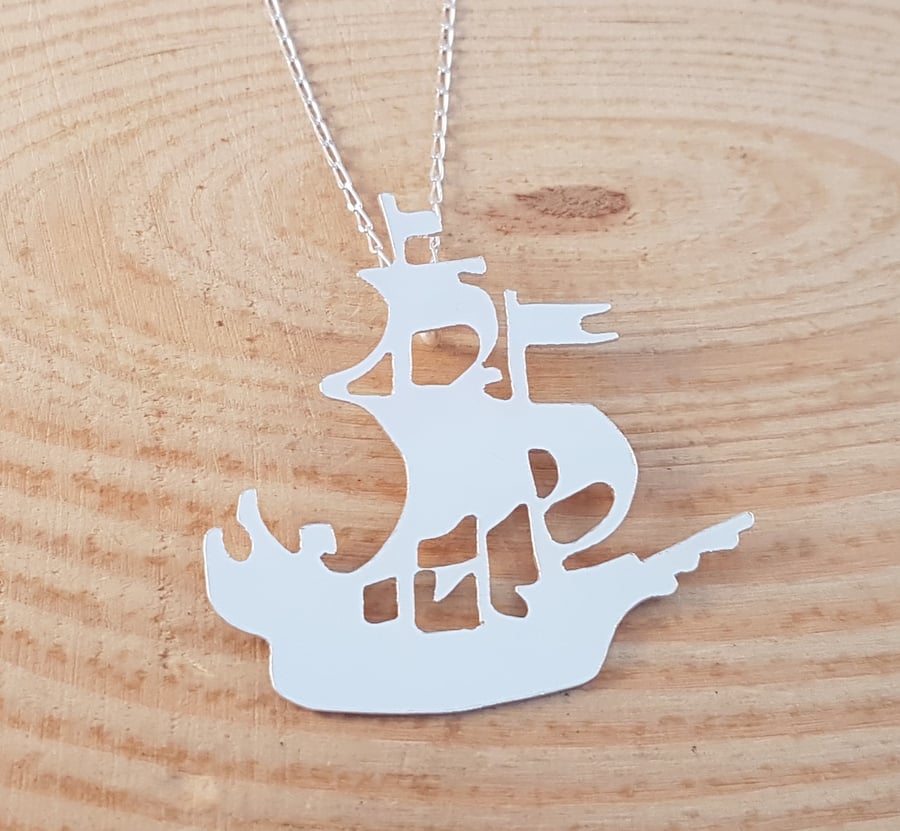 Sterling Silver Pirate Ship Necklace
