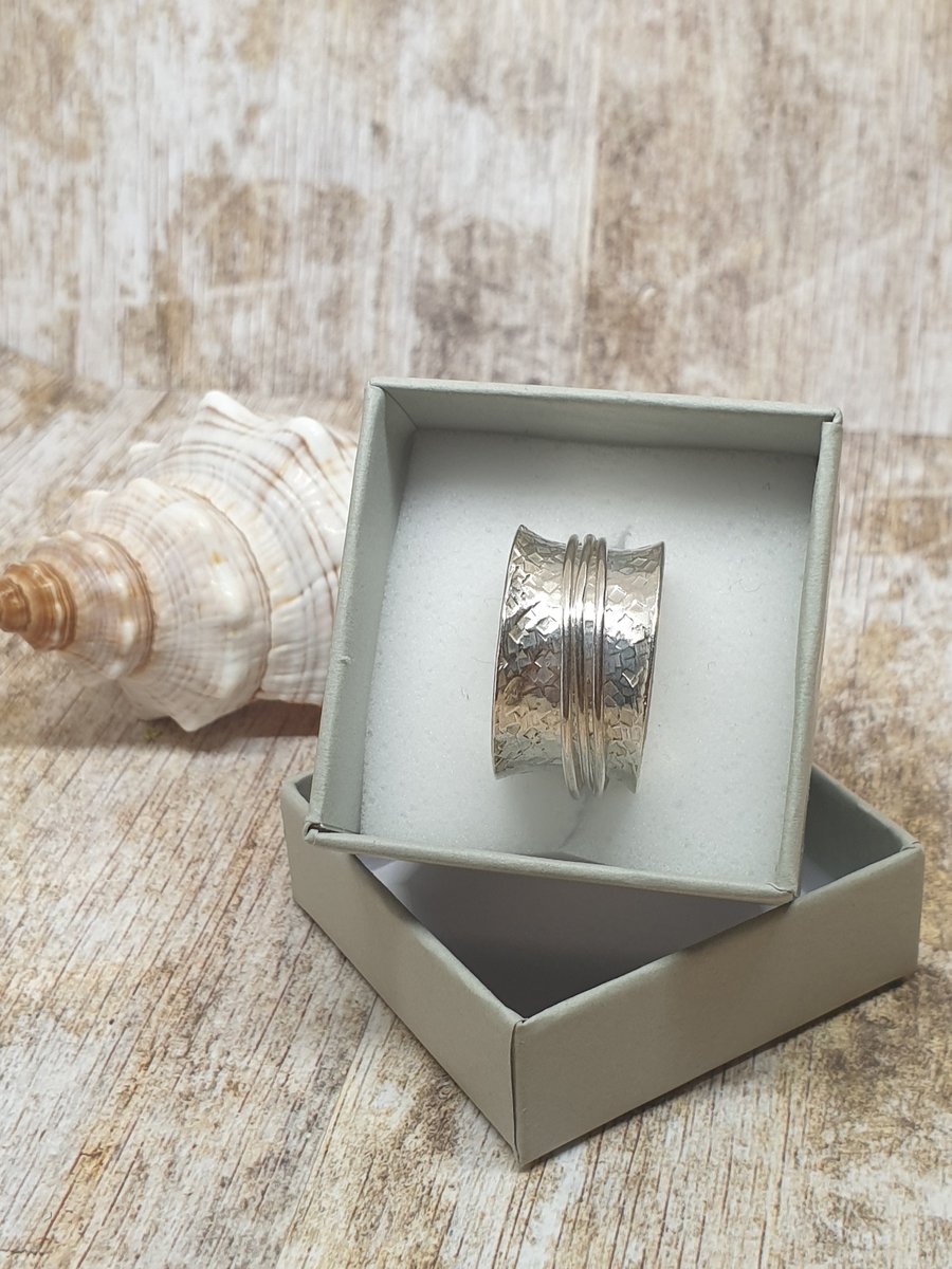 Sterling Silver 925 Textured Spinner Wide Ring Unisex Full Hallmark