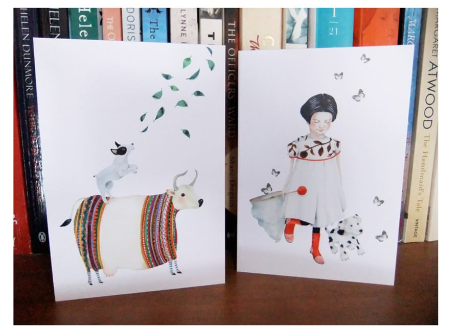 Greeting cards Pair of cards featuring Dog and Cow and Mimi, pup and Butterflies