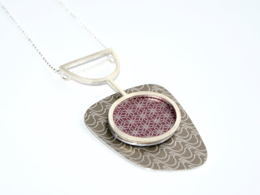 SALE 25% OFF Silver, raspberry and pale gold abstract pendant