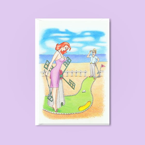 Crazy Golf Greetings Card & Envelope: Funny Seaside Humour Artwork (4x6)