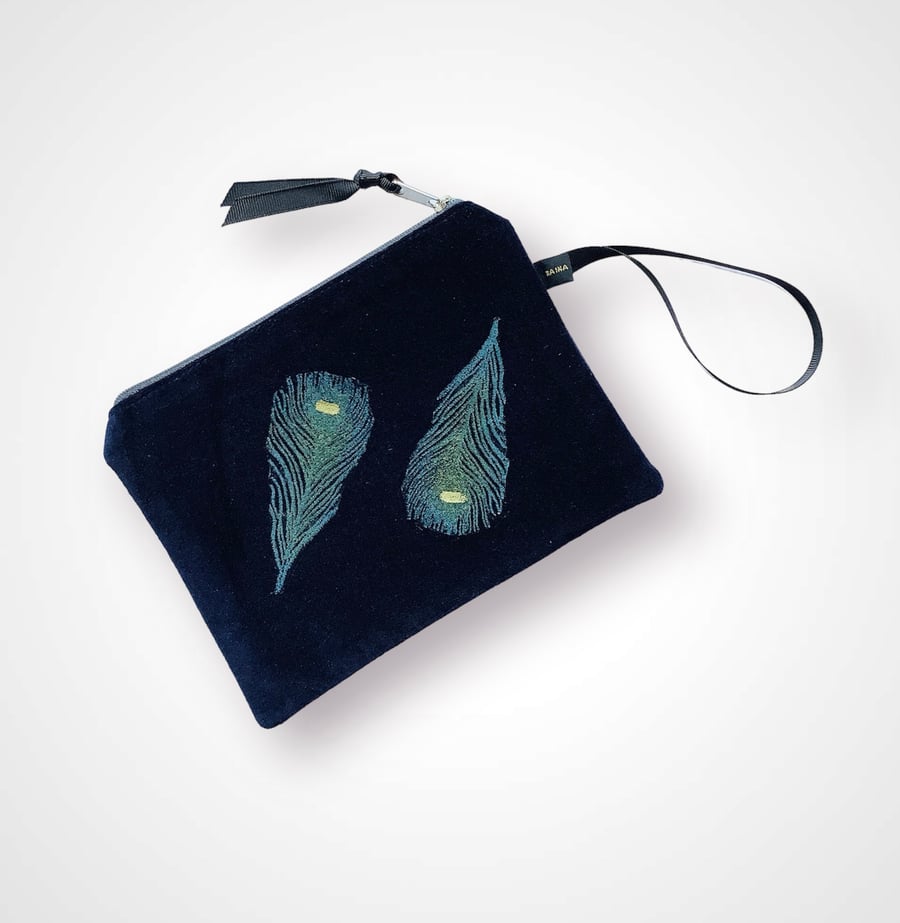 Midnight Blue Peacock Feathers Velvet Zip-Up Pouch