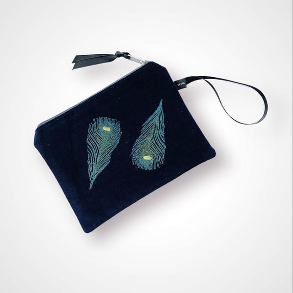 Midnight Blue Peacock Feathers Velvet Zip-Up Pouch