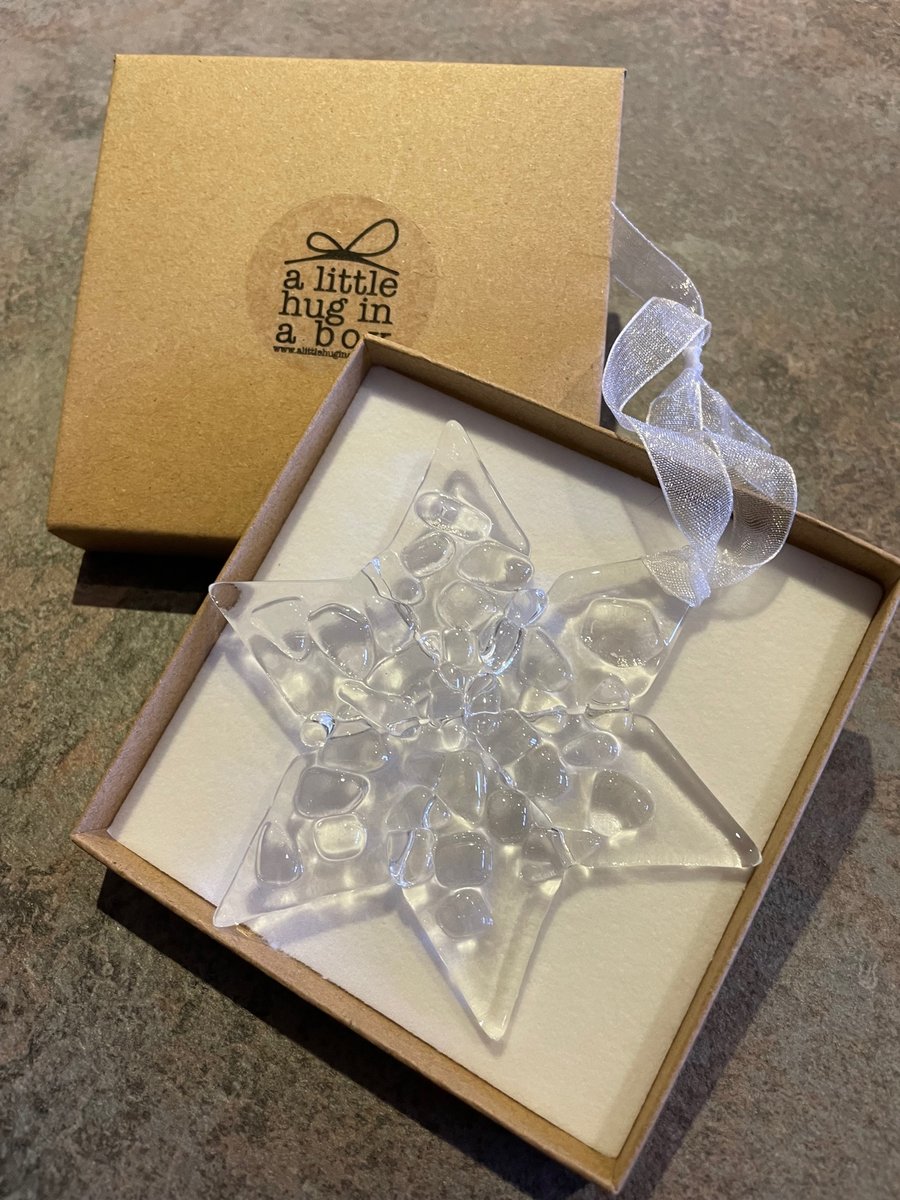 A Little Hug in a Box Fused Glass Frosty Clear Star Christmas tree decoration