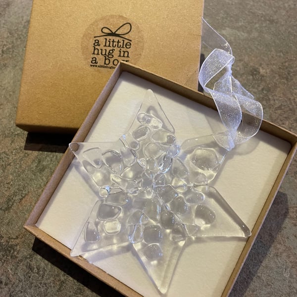 A Little Hug in a Box Fused Glass Frosty Clear Star Christmas tree decoration