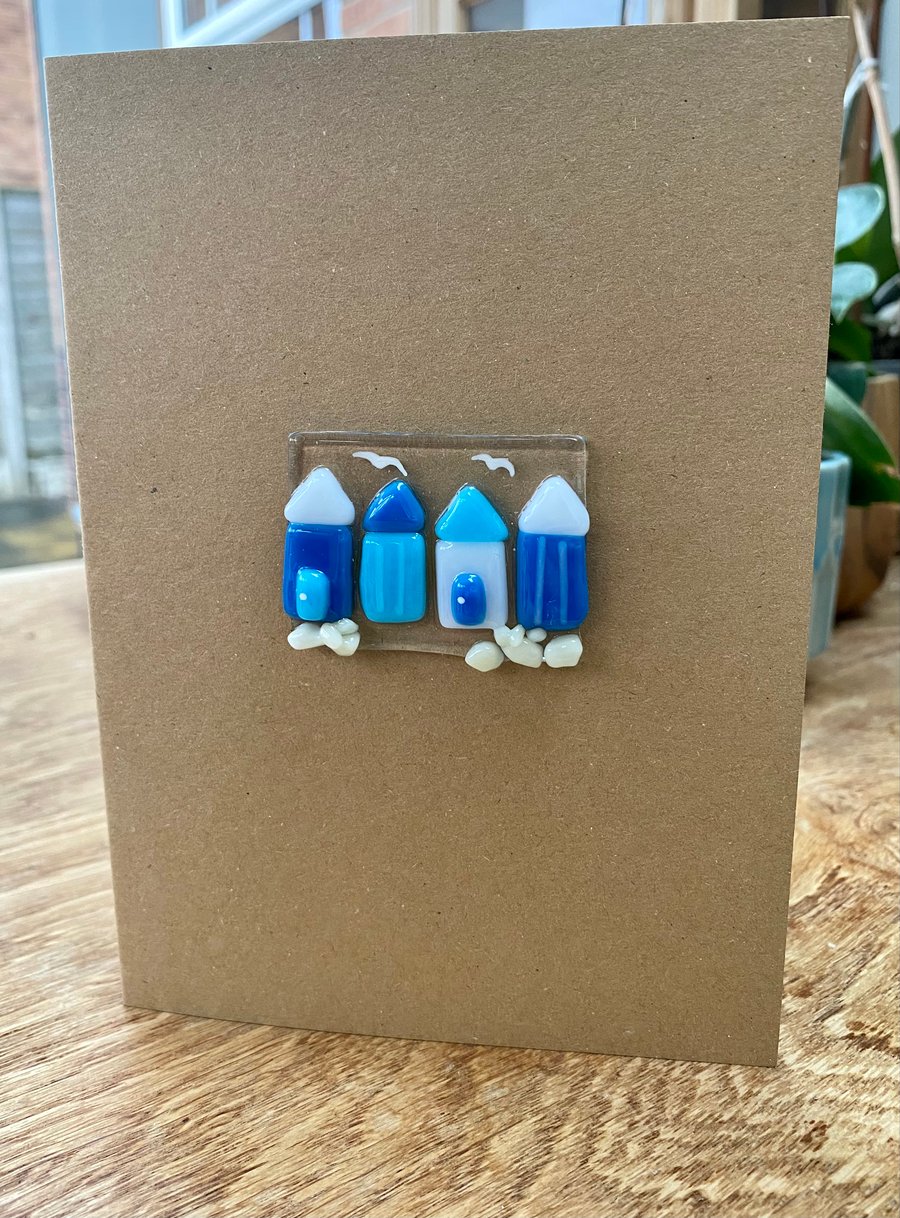 Fused glass card with beach huts