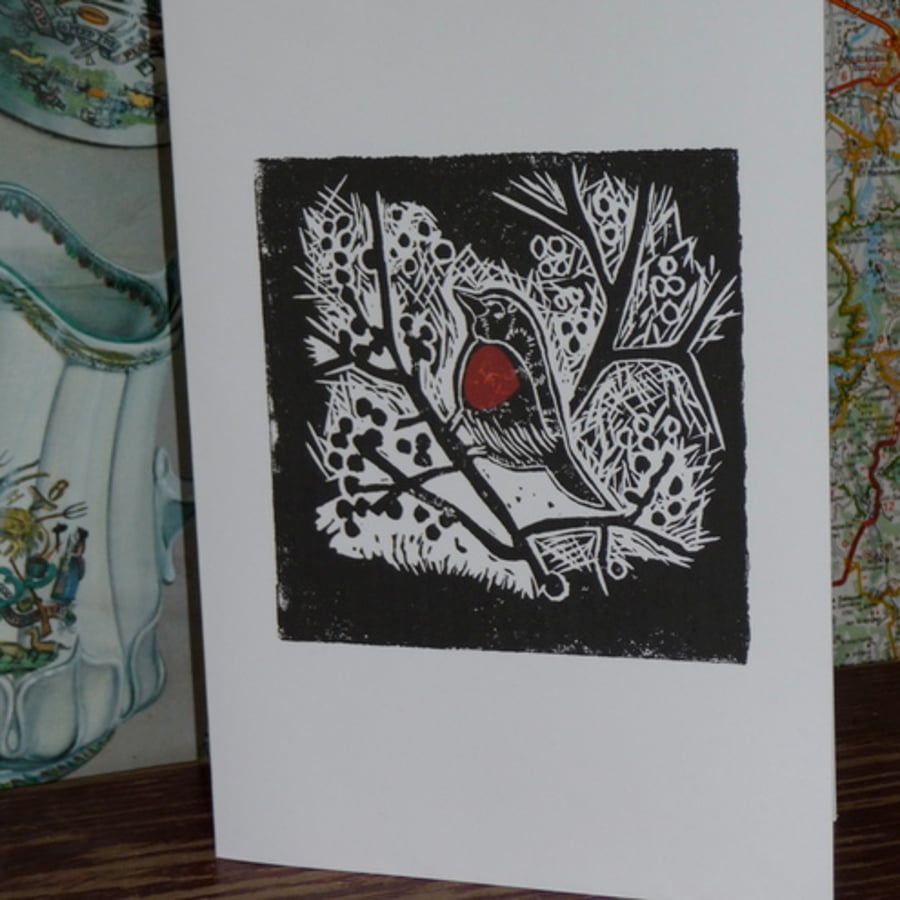 Robin "Christmas Robin" Linocut print card