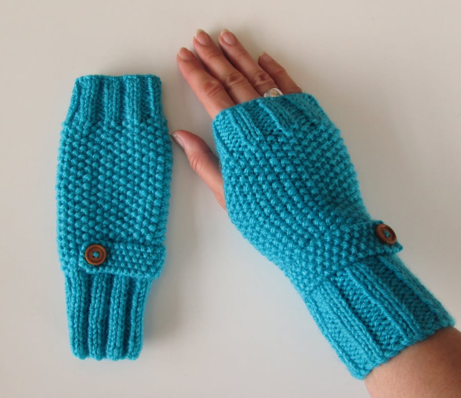 Fingerless Gloves in Turquoise Aran Wool 