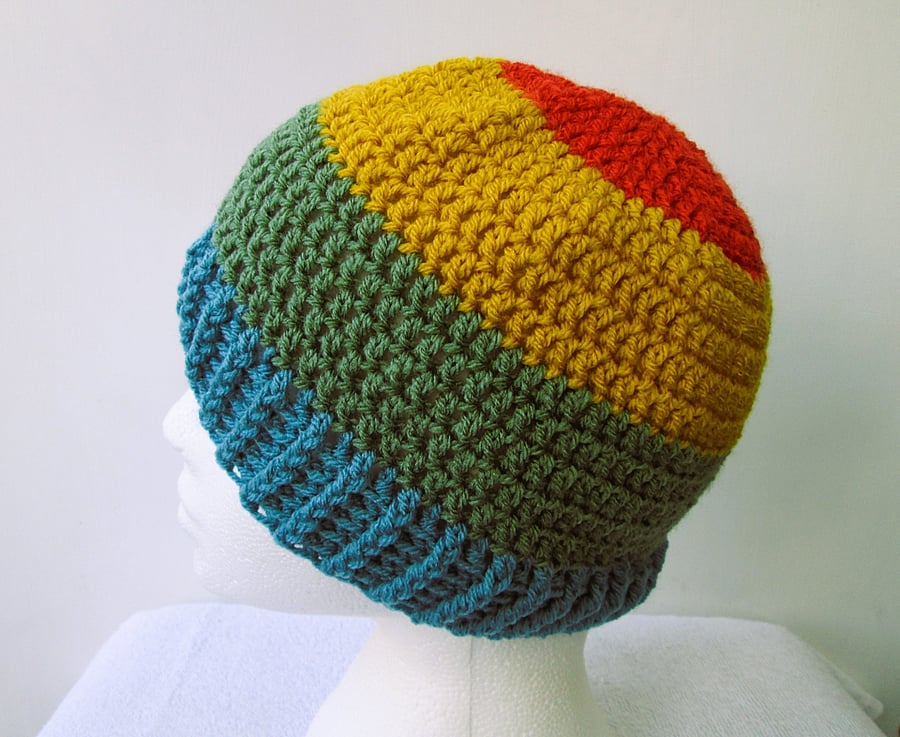 Autumn colours striped crochet beanie hat for an adult