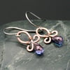 Hammered Copper Wire Earrings with Purple Drops
