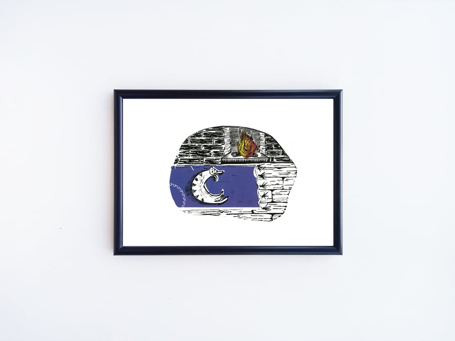 Handprinted Linoprint Cat Gift Chimney Unframed Linocut Nap Lover