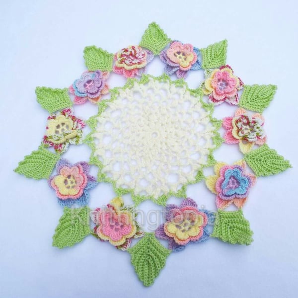Hand crocheted vintage 1940's style doily - multi coloured roses  green leaves  