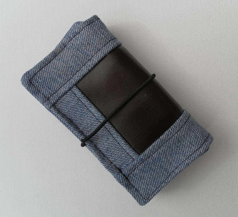 Bi-fold wallet, recycled Wrangler denim, Brown Leatherette