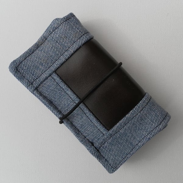 Bi-fold wallet, recycled Wrangler denim, Brown Leatherette