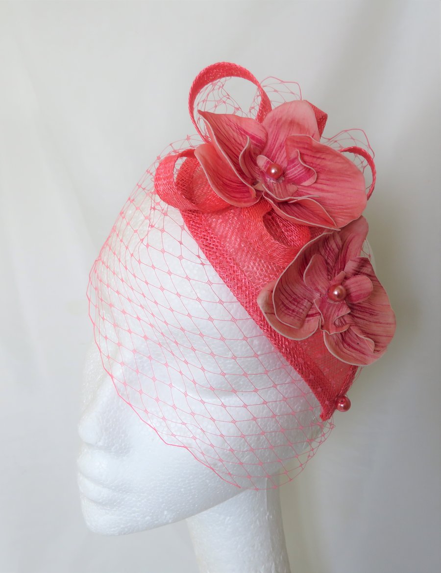 Living Coral Retro Style Orchid Flower Fascinator Cocktail Hat