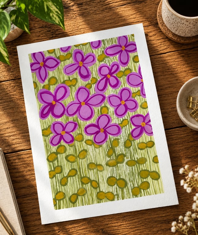 A4 Bright Pink Flower Gouache Painting Floral Escape