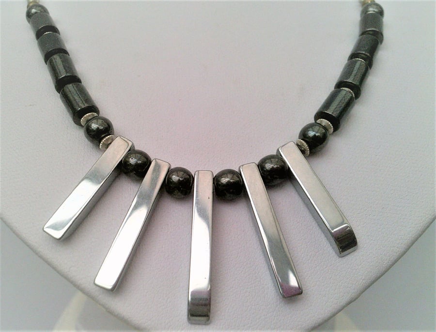 Black Hematite & Silver Bar Hematite Necklace, Black & Silver Fan Necklace