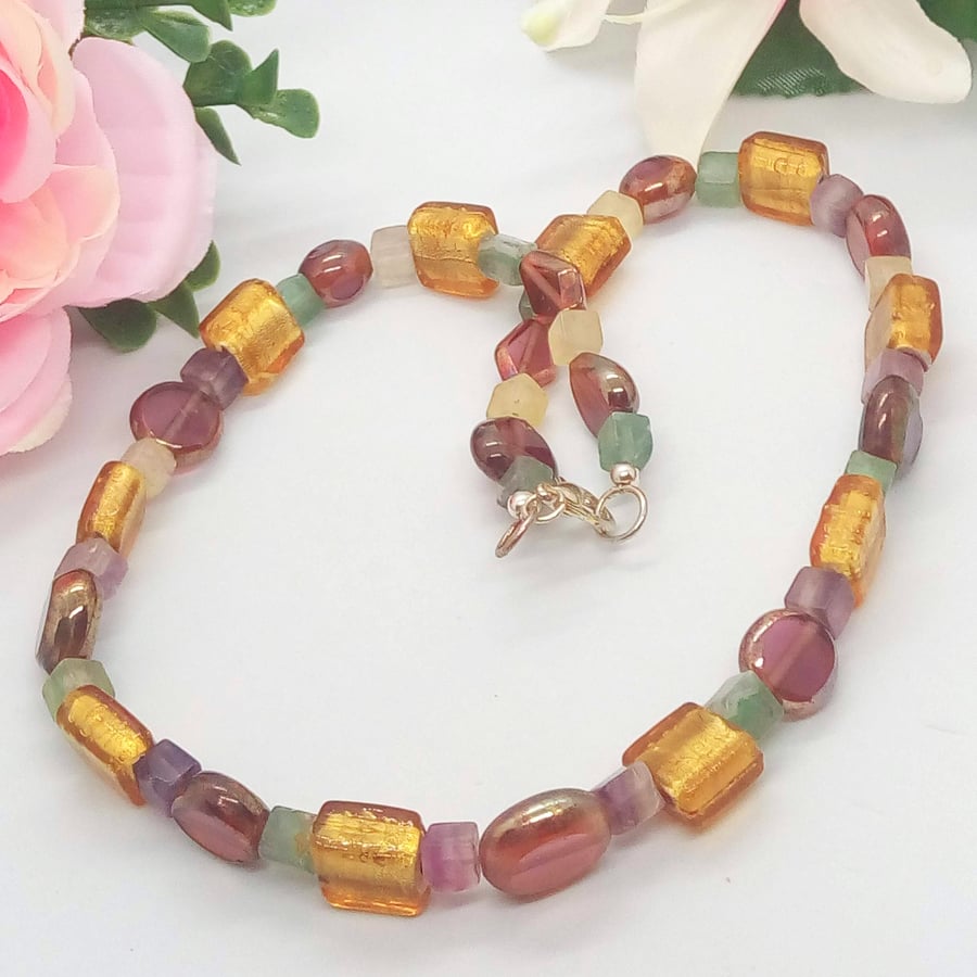 Necklace and Earrings with Heart Cube Round & Diamond Shape Beads, Gift for Her