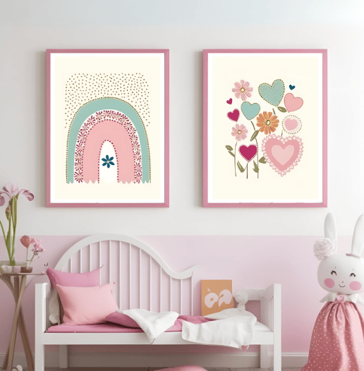 Set of 2 Wall Art Prints - Girls Pastel Shades - Rainbow, Hearts & Flowers - A4