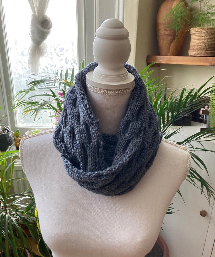 Hand Crochet Gray Infinity Shawl - Hand Knit Grey  Scarf