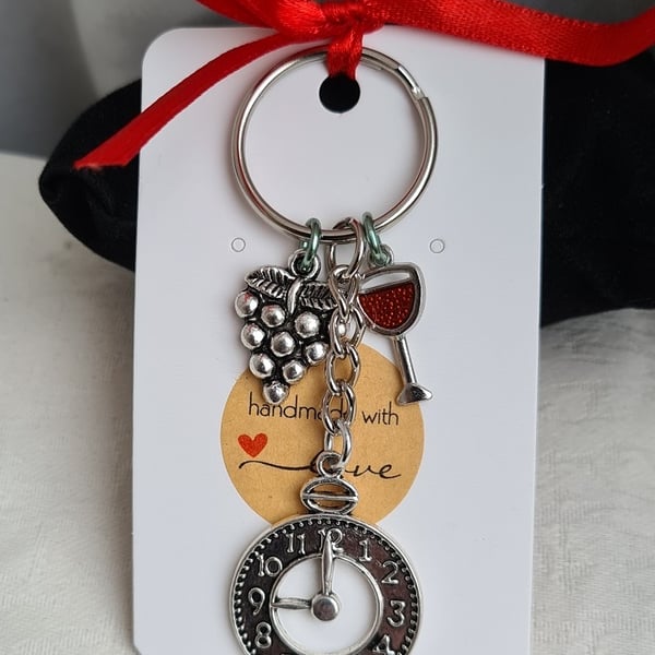 Gorgeous Wine O Clock Key Ring - Key Chain Bag Charm - Silver tones.