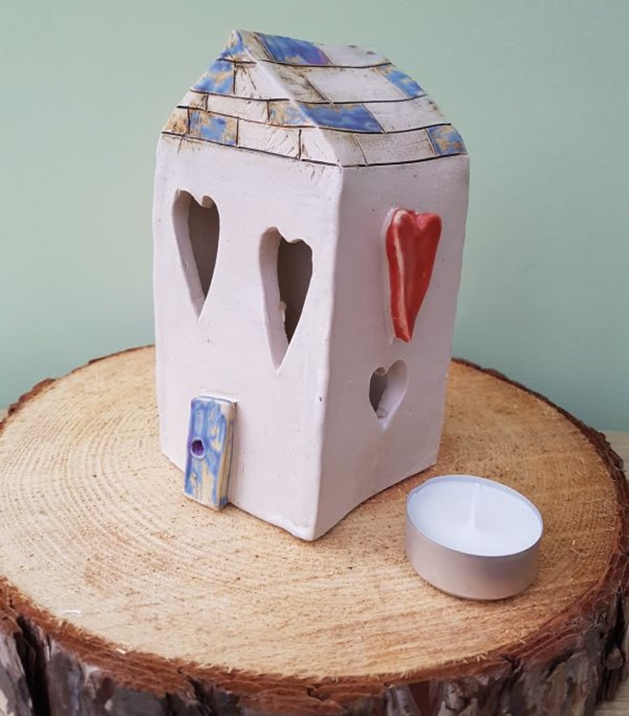 Love Heart Ceramic Tea Light House with Multi-coloured Roof