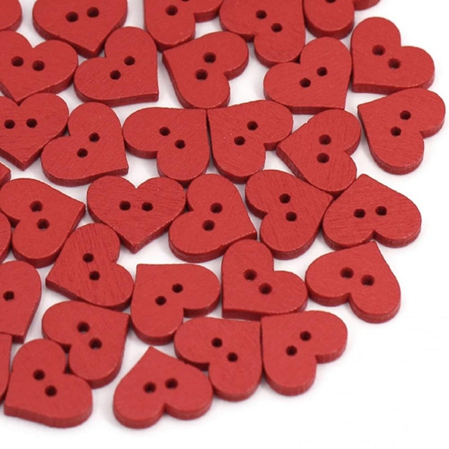 100 15mm  2 Holes Wooden Buttons Red Love Heart Button Clothes Card DIY 