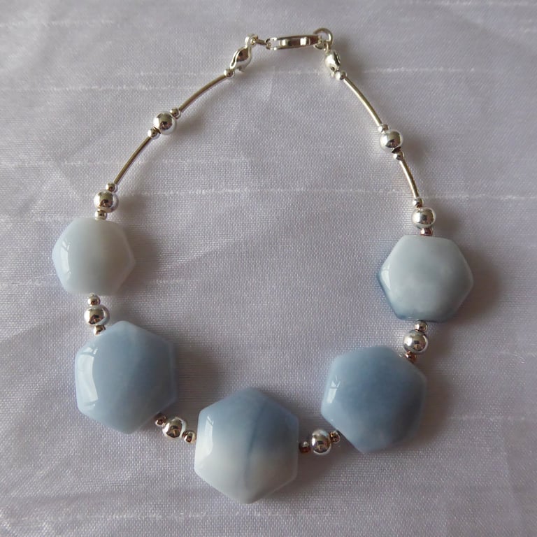 Blue Sky Sterling Silver Bracelet featuring Hexagonal blue Opals