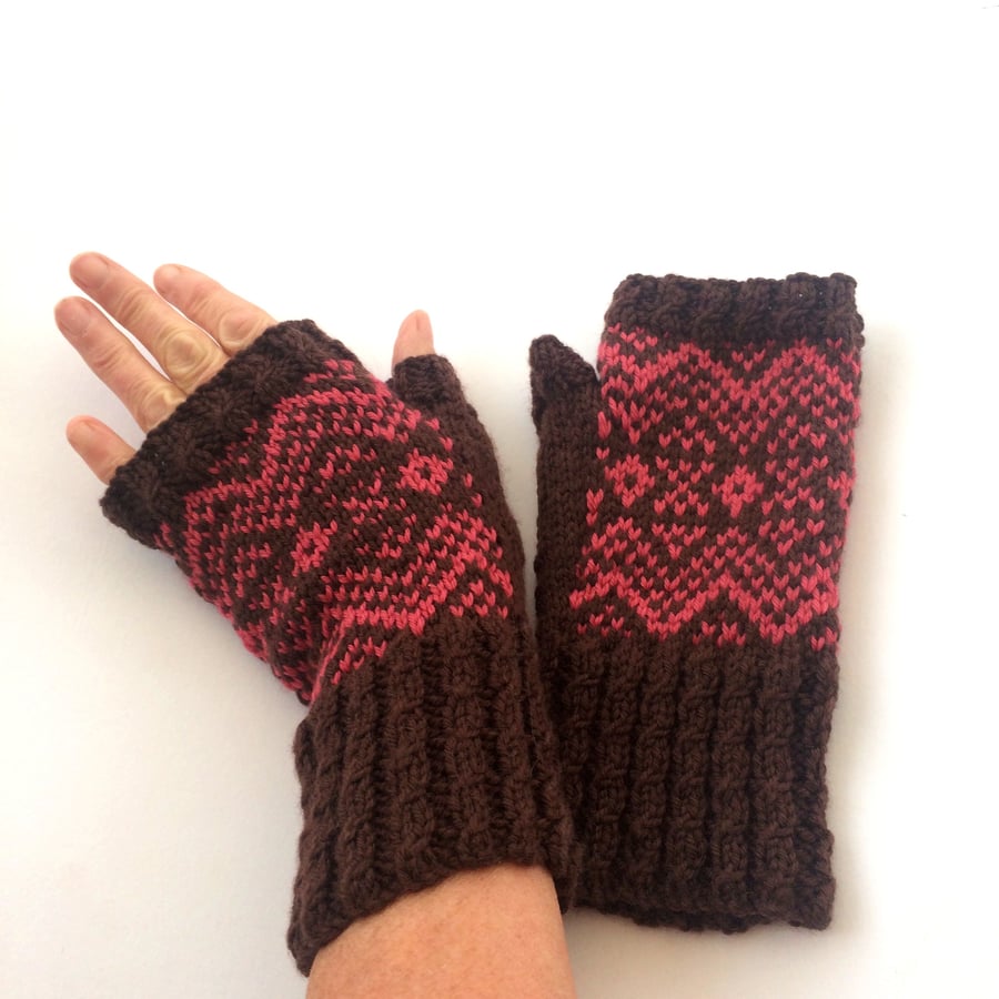 Brown & pink   hand knit fingerless gloves