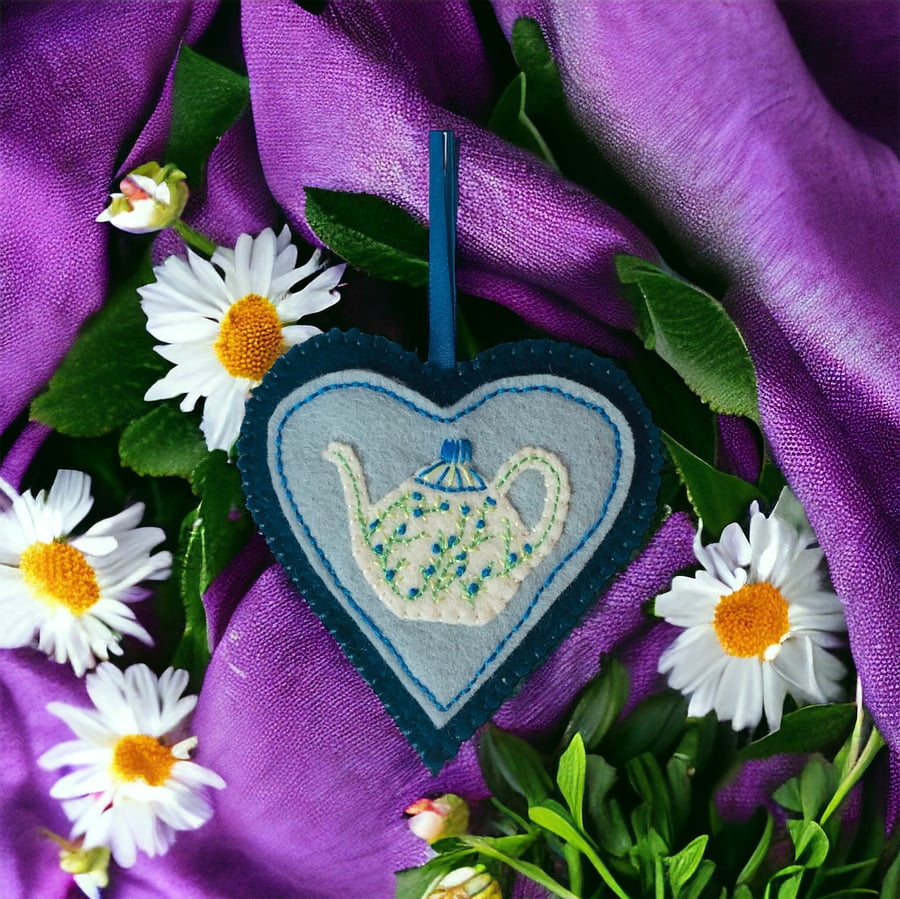 Hand Embroidered Felt Heart with Tea Pot