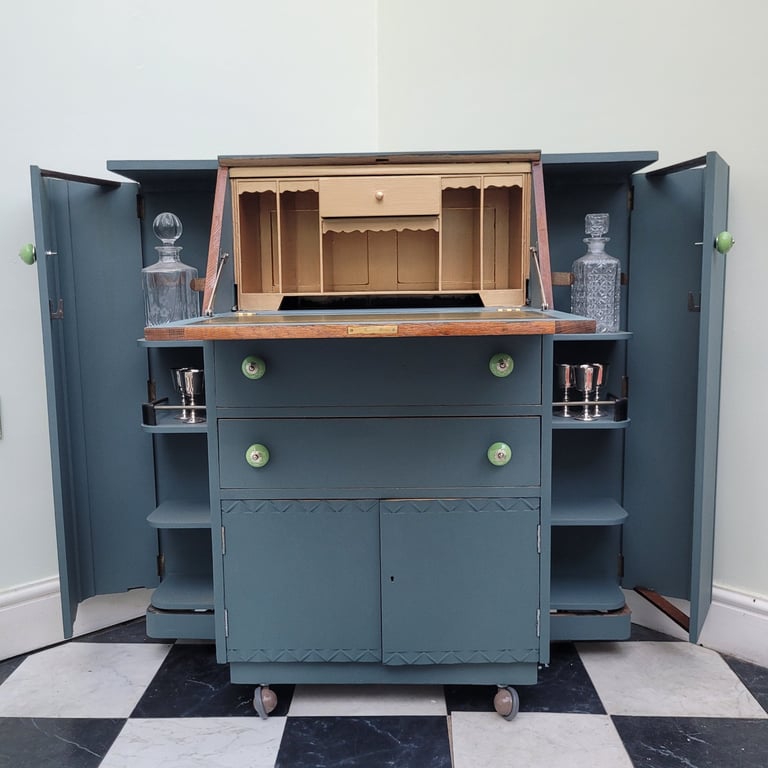 Upcycled vintage solid wood bureau with two small drinks cabinets 
