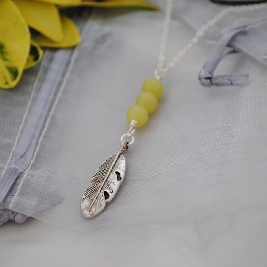 Jade & silver leaf long layering necklace
