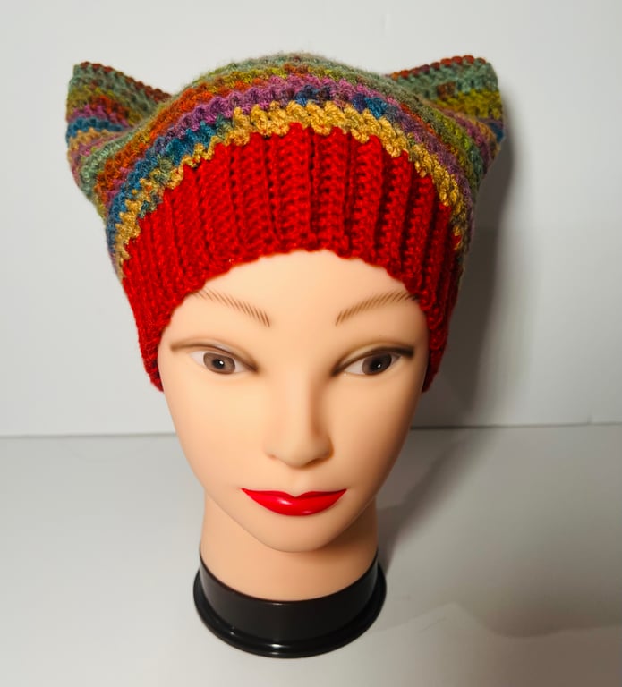 Cat Ear Beanie Hat Crochet  Autumn Colours Brown Green Orange