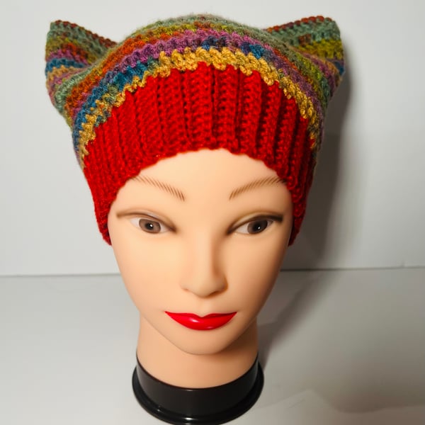 Cat Ear Beanie Hat Crochet  Autumn Colours Brown Green Orange