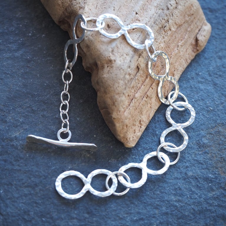 Bracelet, silver link bracelet with hammered texture, hallmarked silver