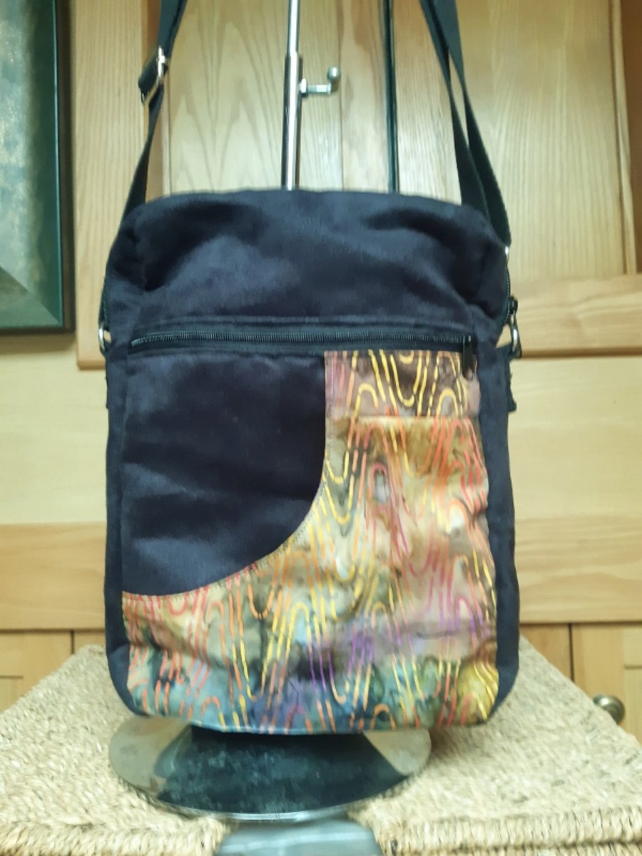 Black faux suede and batik bag