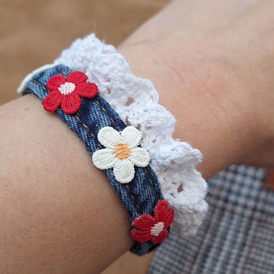 Rustic Floral Denim Cuff – Red & White Blooms with Lace Frils Edging