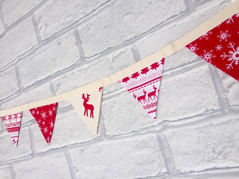 Christmas theme double sided fabric mini bunting. Reindeers, Snowflakes, Scandi.