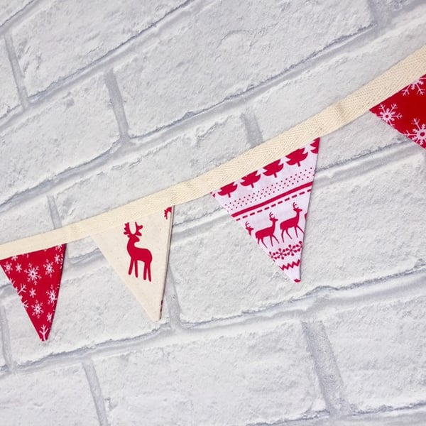 Christmas theme double sided fabric mini bunting. Reindeers, Snowflakes, Scandi.