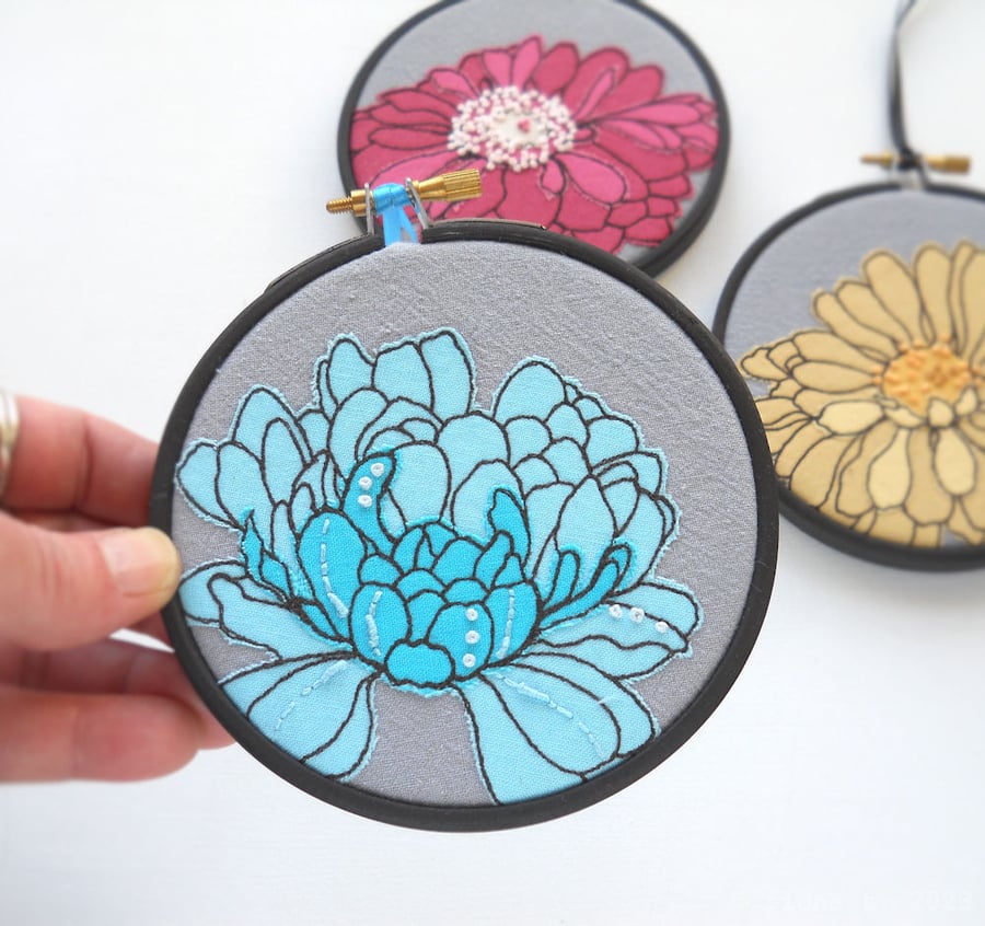 free motion and hand embroidered floral textile hoop original art blue
