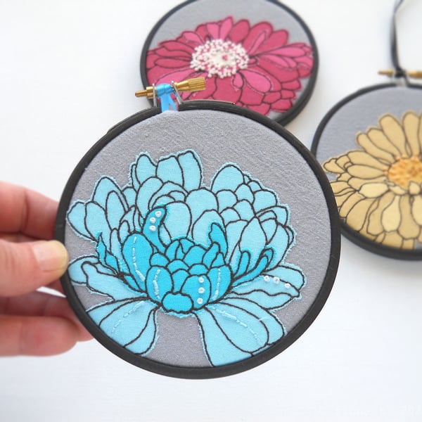 free motion and hand embroidered floral textile hoop original art blue